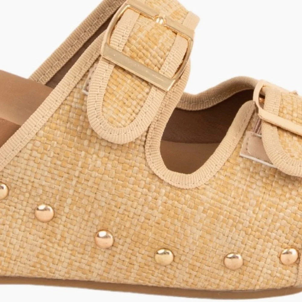 New! Colombia Comfort Raffia Natural Woven Buckle Cork Platform Sandal 3” Wedge